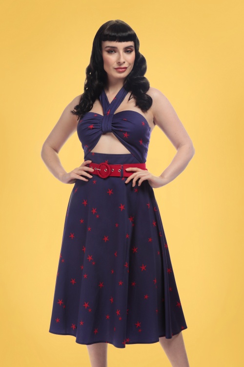 Collectif Clothing - 50s Lilla Starfish Swing Dress in Navy