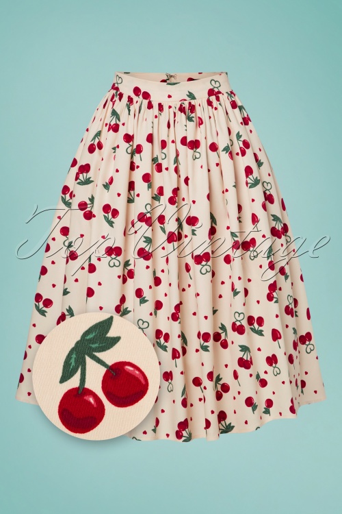 Collectif Clothing - Jasmine Cherry Love Swing Skirt Années 50 en Ivoire