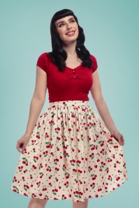 Collectif Clothing - 50s Jasmine Cherry Love Swing Skirt in Ivory 2