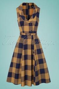Collectif Clothing - 50s Sara New Forest Check Swing Dress in Navy and Camel