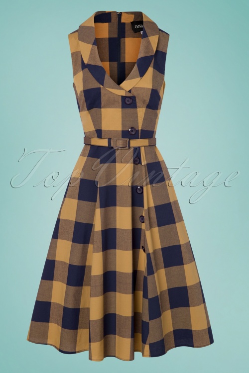 Collectif Clothing - Sara New Forest Check Swing Dress Années 50 en Bleu Marine et Camel