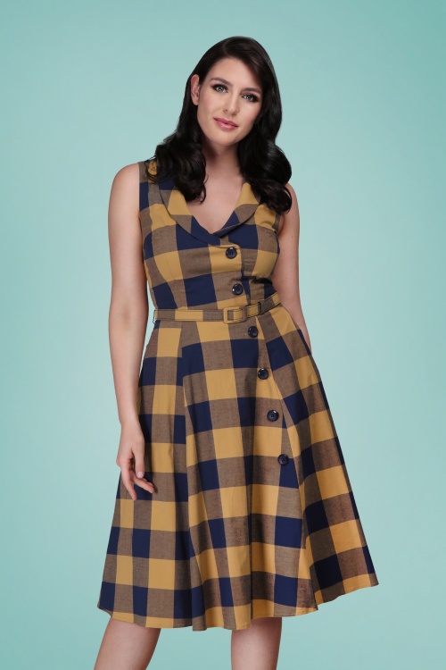 Collectif Clothing - 50s Sara New Forest Check Swing Dress in Navy and Camel 2