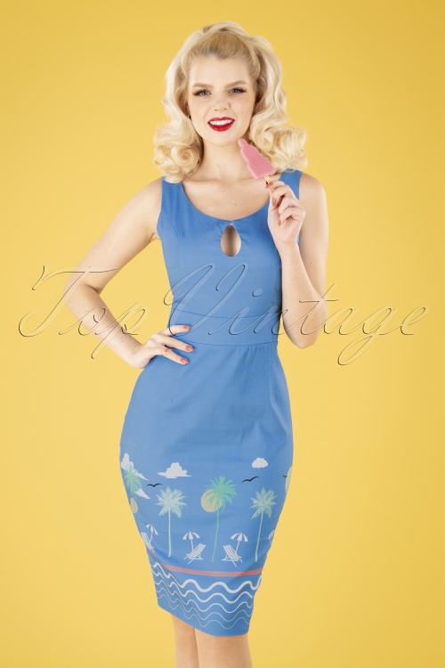 Banned Retro - 50s Holiday Wiggle Dress in Cornflower Blue