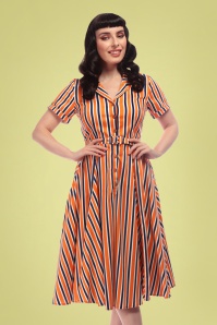 Collectif Clothing - Caterina Bay Stripe Swing-Kleid in Orange und Blau