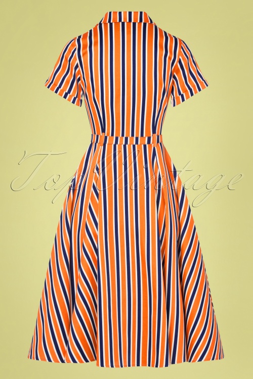 Collectif Clothing - Caterina Bay Stripe Swing Dress Années 50 en Orange et Bleu 6
