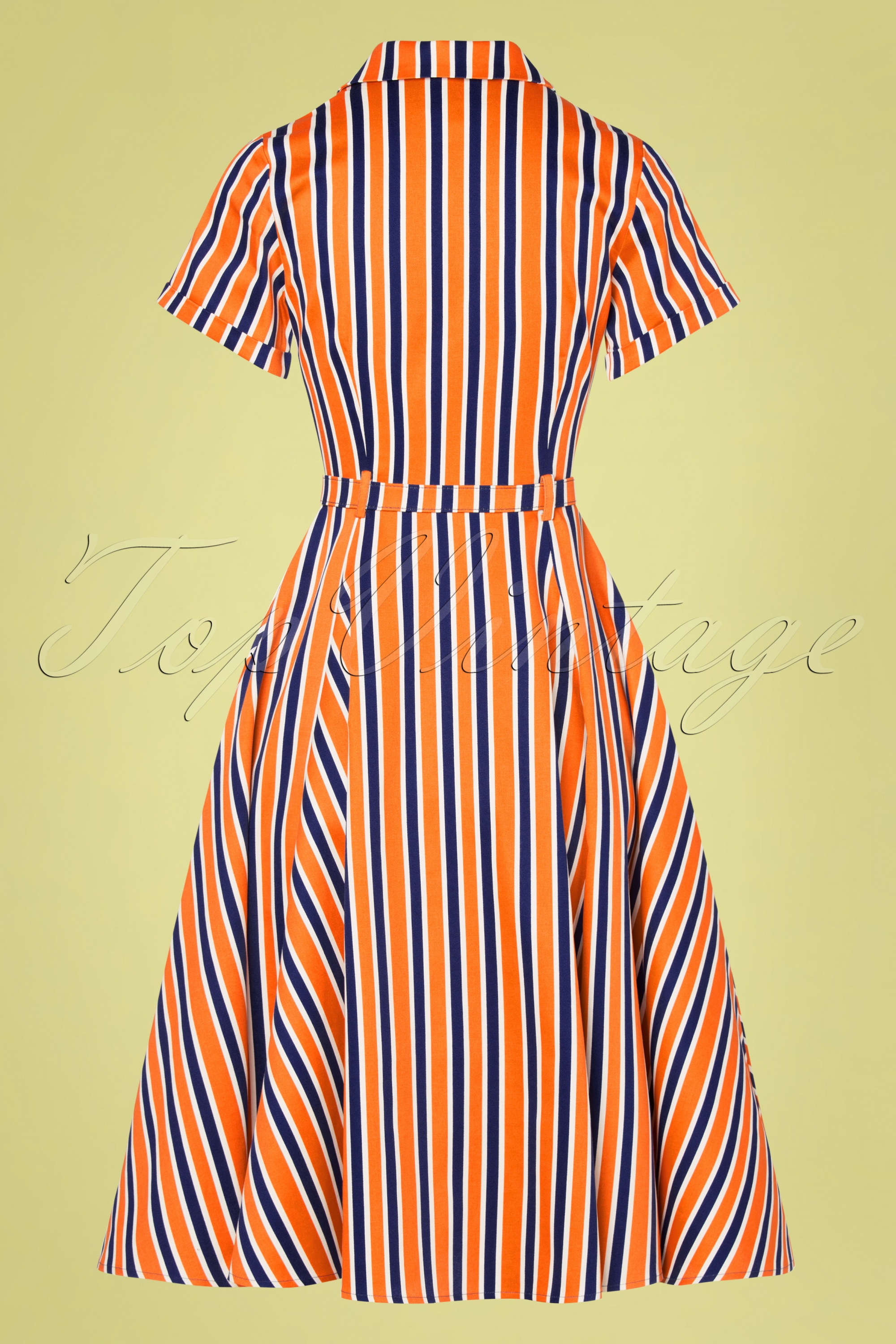 Collectif Clothing 50s Caterina Bay Stripe Swing Dress in Orange and Blue Shop at Topvintage