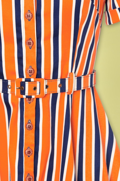 Collectif Clothing - Caterina Bay Stripe Swing-Kleid in Orange und Blau 5