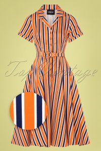 Collectif Clothing - Caterina Bay Stripe Swing-Kleid in Orange und Blau 2