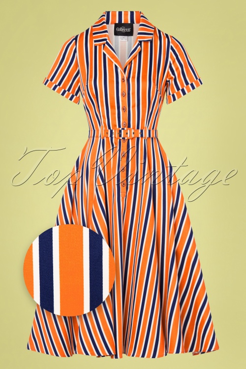 Collectif Clothing - 50s Caterina Bay Stripe Swing Dress in Orange and Blue 2