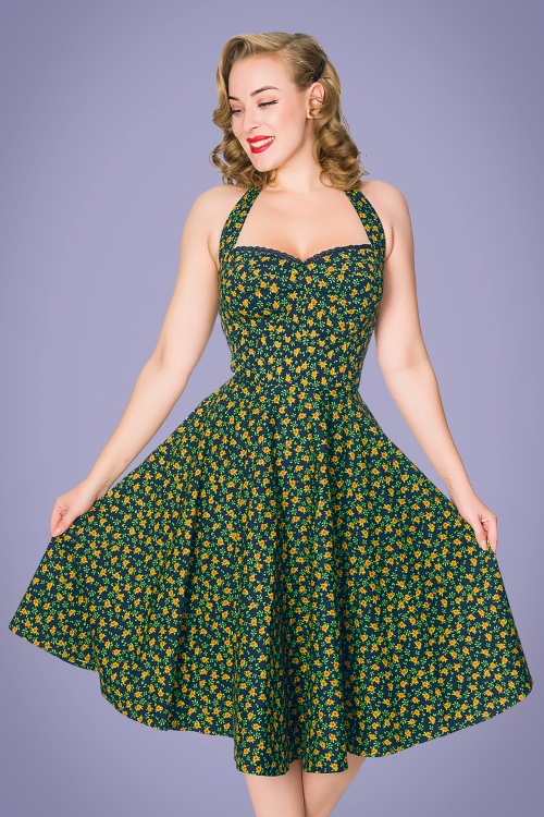 Timeless - 50s Taliyah Floral Swing Dress in Navy and Green