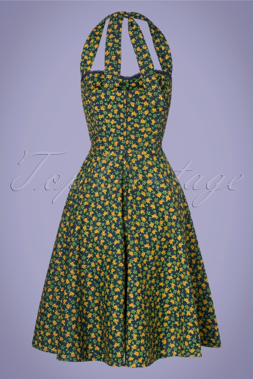 Timeless - Taliyah Floral Swing Dress Années 50 en Bleu Marine et Vert 5