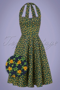 Timeless - Taliyah Floral Swing Dress Années 50 en Bleu Marine et Vert 2