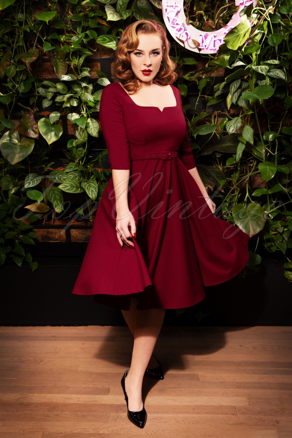 burgundy 50s dress