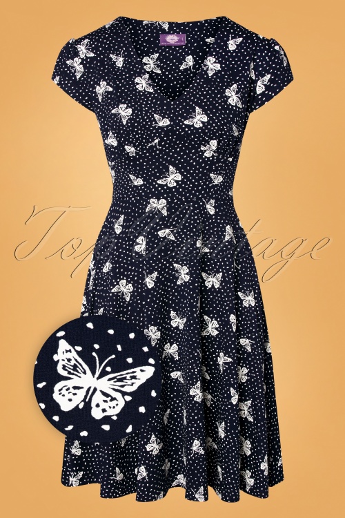 Topvintage Boutique Collection - Leona Butterfly Swing Dress Années 50 en Bleu Marine