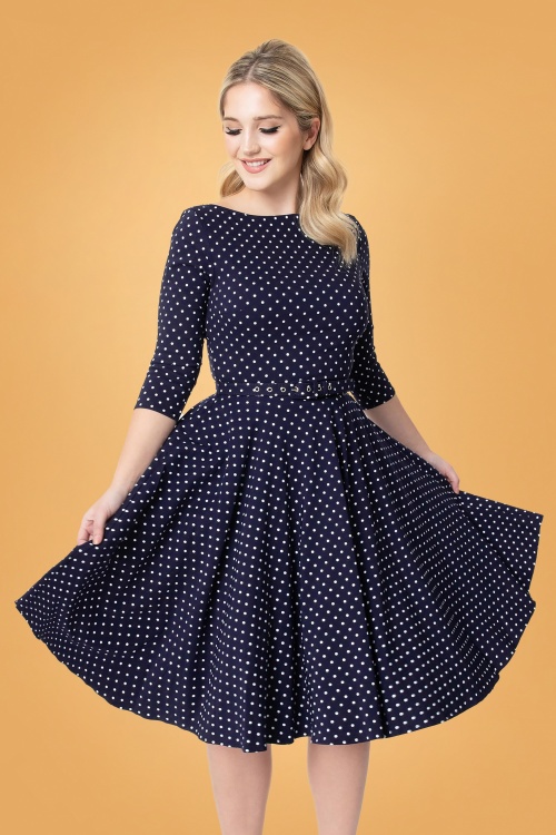Unique Vintage - Devon Dot Swing Dress Années 50 en Bleu et Blanc 2