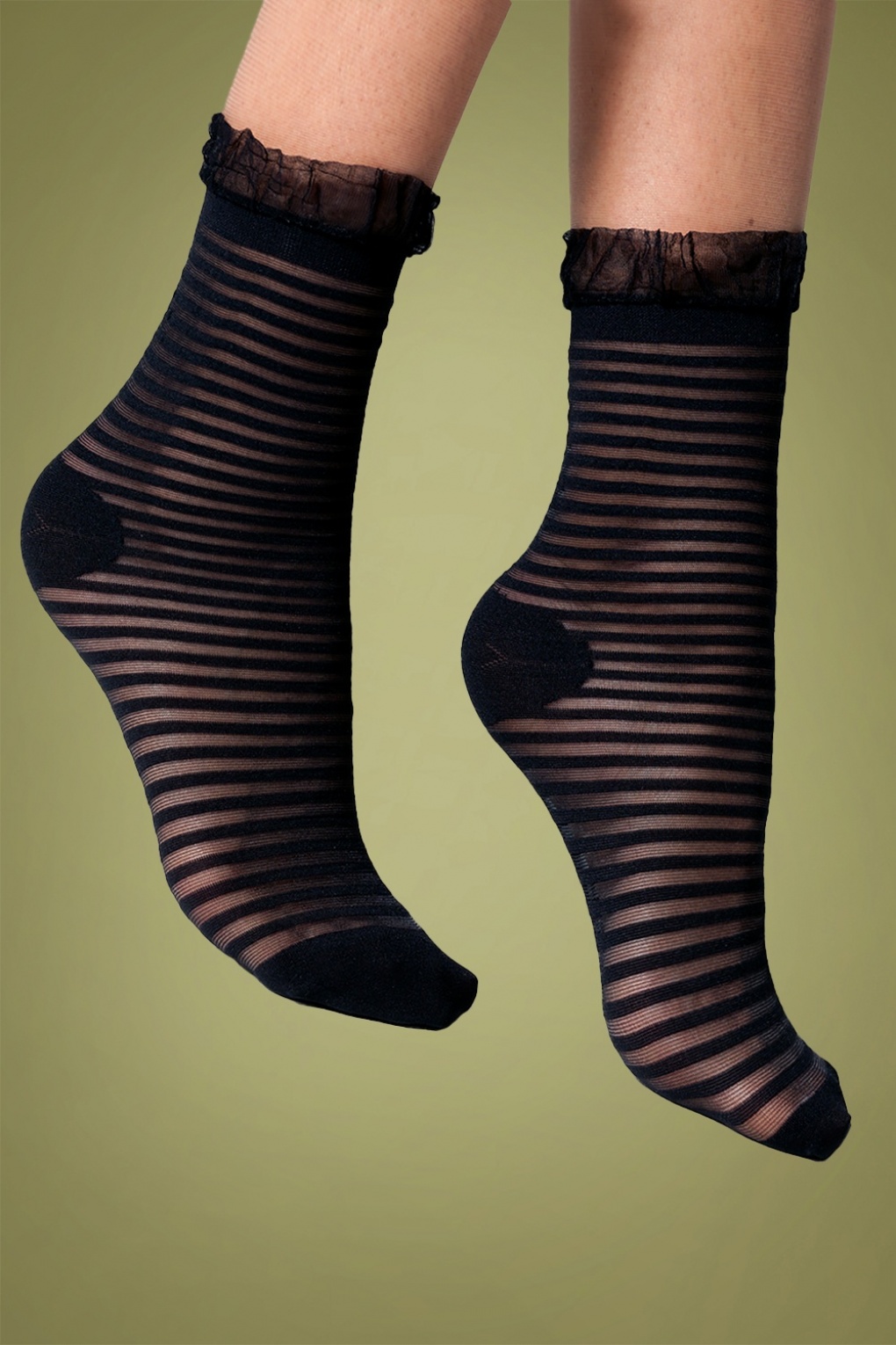 60s Sheer Stripe Frill Ankle Socks in Black