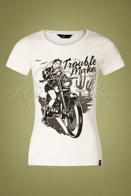 Queen Kerosin - Trouble Maker T-Shirt Années 50 en Blanc Cassé