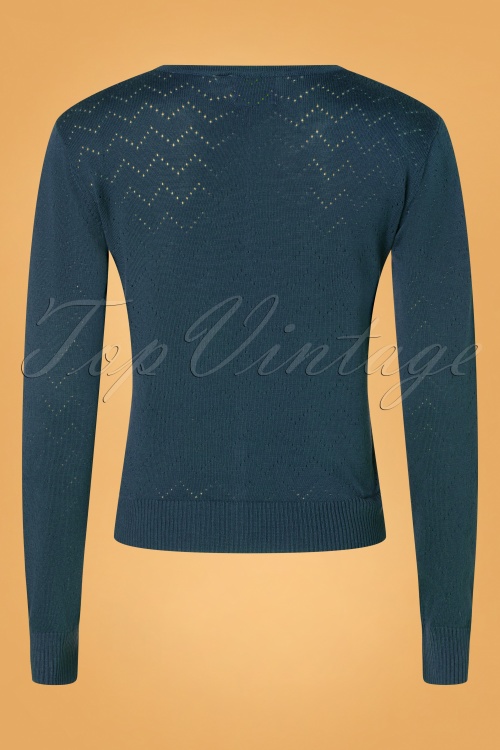Banned Retro - 50s Pointelle Zigzag Cardigan in Petrol Blue 2