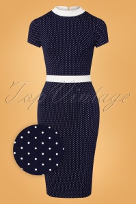 Topvintage Boutique Collection - Dora Dots Pencil Dress Années 60 en Bleu Marine