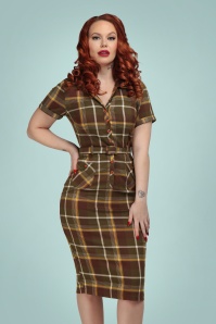 Collectif Clothing - 50s Caterina Mosshill Check Pencil Dress in Brown