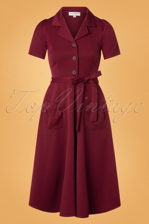 Very Cherry - 40s Revers Gabardine Dress in Burgundy