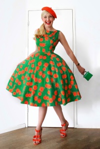 Topvintage Boutique Collection - Adriana Floral Swing Dress Années 50 en Vert Émeraude