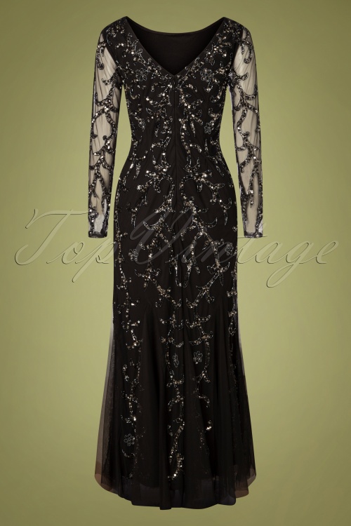 GatsbyLady - Ava Full Sleeve Sequin Maxi Dress Années 20 en Noir 4