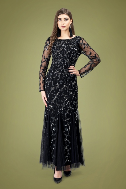 GatsbyLady - Ava Full Sleeve Sequin Maxi Dress Années 20 en Noir