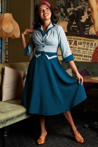 Miss Candyfloss - 50s Maliah Kat Sophisticated Tailored Swing Dress in Petrol