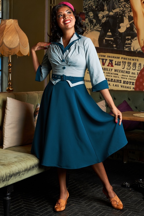 Miss Candyfloss - 50s Maliah Kat Sophisticated Tailored Swing Dress in Petrol