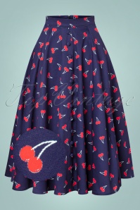 Hearts & Roses - Sweet Cherry Swing Skirt Années 50 en Bleu Marine