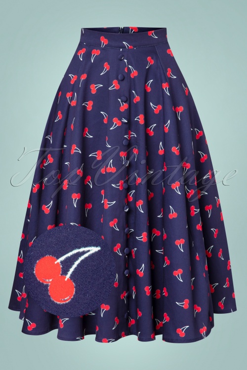 Hearts & Roses - Sweet Cherry Swing Skirt Années 50 en Bleu Marine