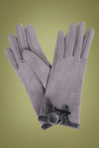 Powder - Amelia Pom Pom Suedine Gloves Années 40 en Gris Pâle