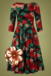 Hearts & Roses - 50s Anne Marie Floral Swing Dress in Black 2