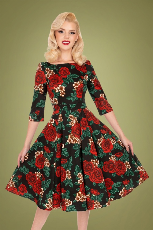 Hearts & Roses - Anne Marie Floral Swing Dress Années 50 en Noir