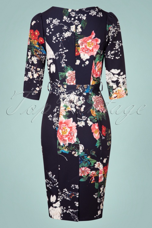 Hearts & Roses - 50s Iris Floral Wiggle Dress in Navy 5