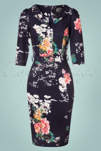 Hearts & Roses - 50s Iris Floral Wiggle Dress in Navy 2