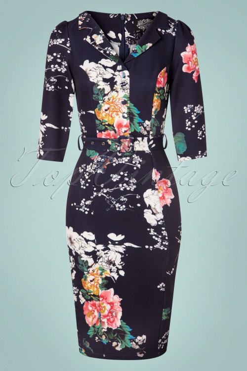 Hearts & Roses - 50s Iris Floral Wiggle Dress in Navy 2