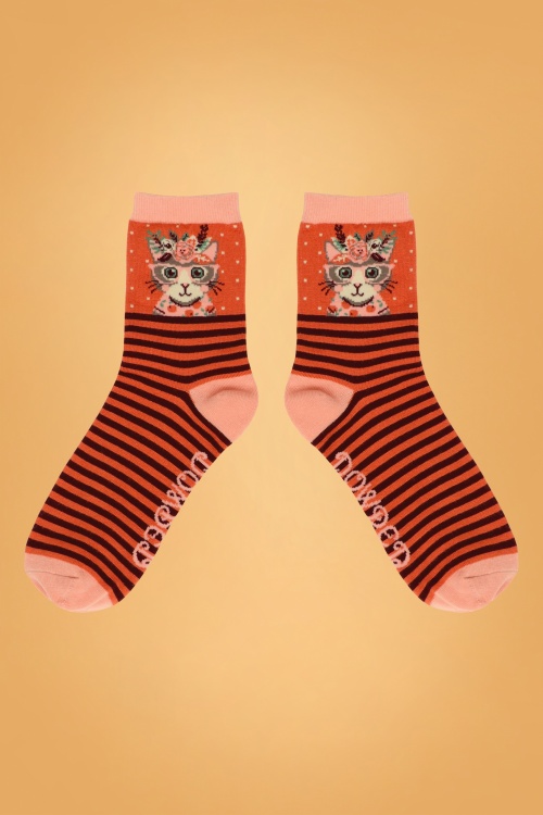 Powder - 60s Floral Pussy Socks in Coral 2