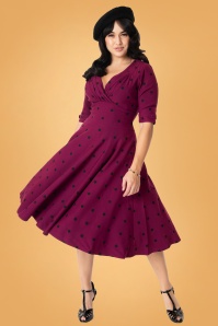 Unique Vintage - 50s Delores Dot Swing Dress in Purple and Black