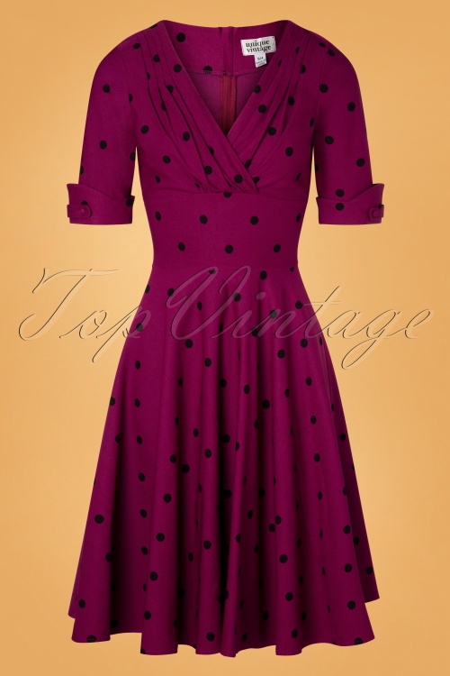 Unique Vintage - 50s Delores Dot Swing Dress in Purple and Black 2