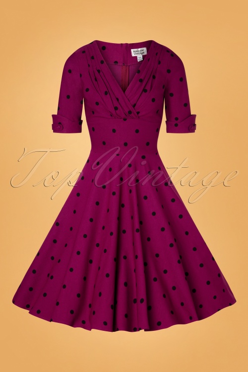 Unique Vintage - Delores swing-jurk met stippen in paars en zwart 3