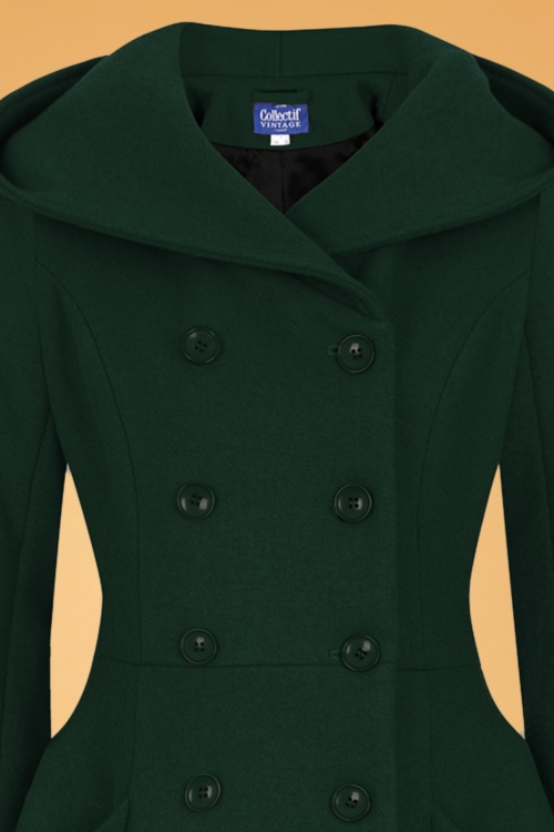 Collectif Clothing - Heather Hooded Swing Coat Années 50 en Vert Sapin 4
