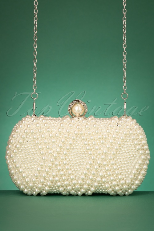 Unique Vintage - 50s Pearl Hard Case Clutch in Ivory 2
