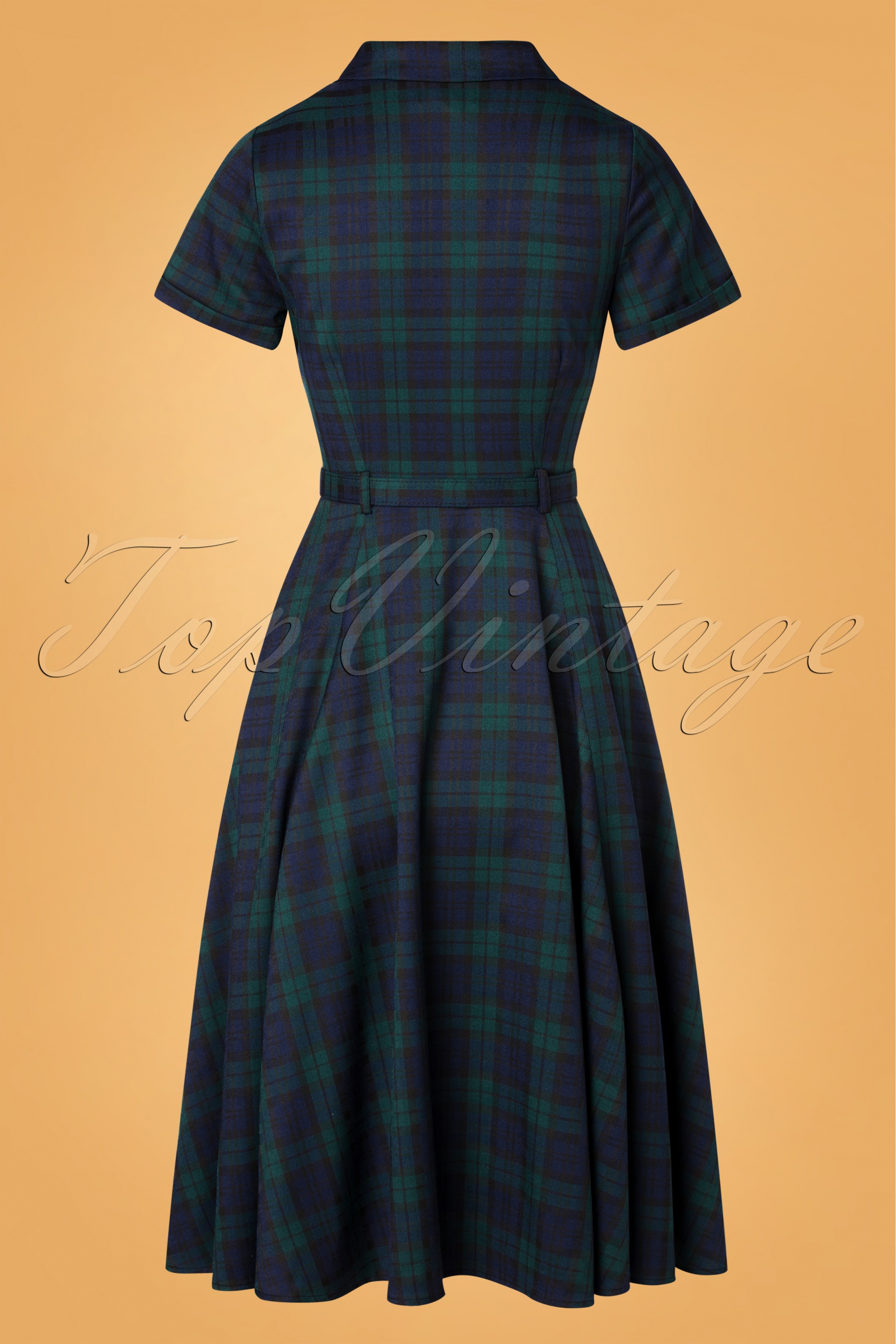 Collectif Clothing 50s Caterina Blackwatch Check Swing Dress in Blue and Green Shop at Topvintage