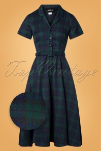 Collectif Clothing - 50s Caterina Blackwatch Check Swing Dress in Blue and Green 2