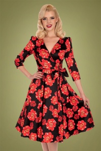 Hearts & Roses - Julia Poppy Swing Dress Années 50 en Noir et Rouge