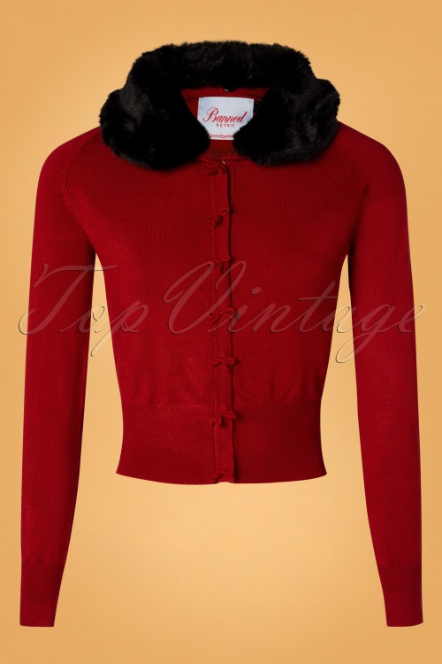 Banned Retro - 40s April Fluffy Bow Cardigan in Dark Red