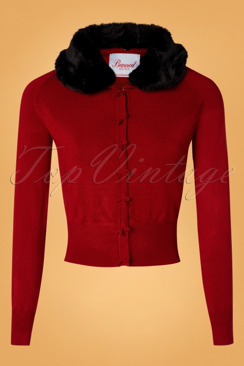 Banned Retro - April Fluffy Bow Cardigan Années 40 en Rouge Profond