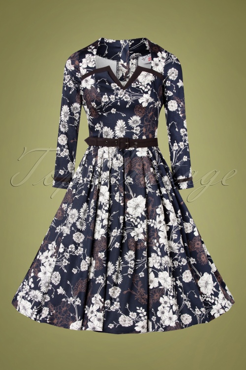 Miss Candyfloss - Pabla-Lee Swing-Kleid mit Blumenmuster in Marineblau 4